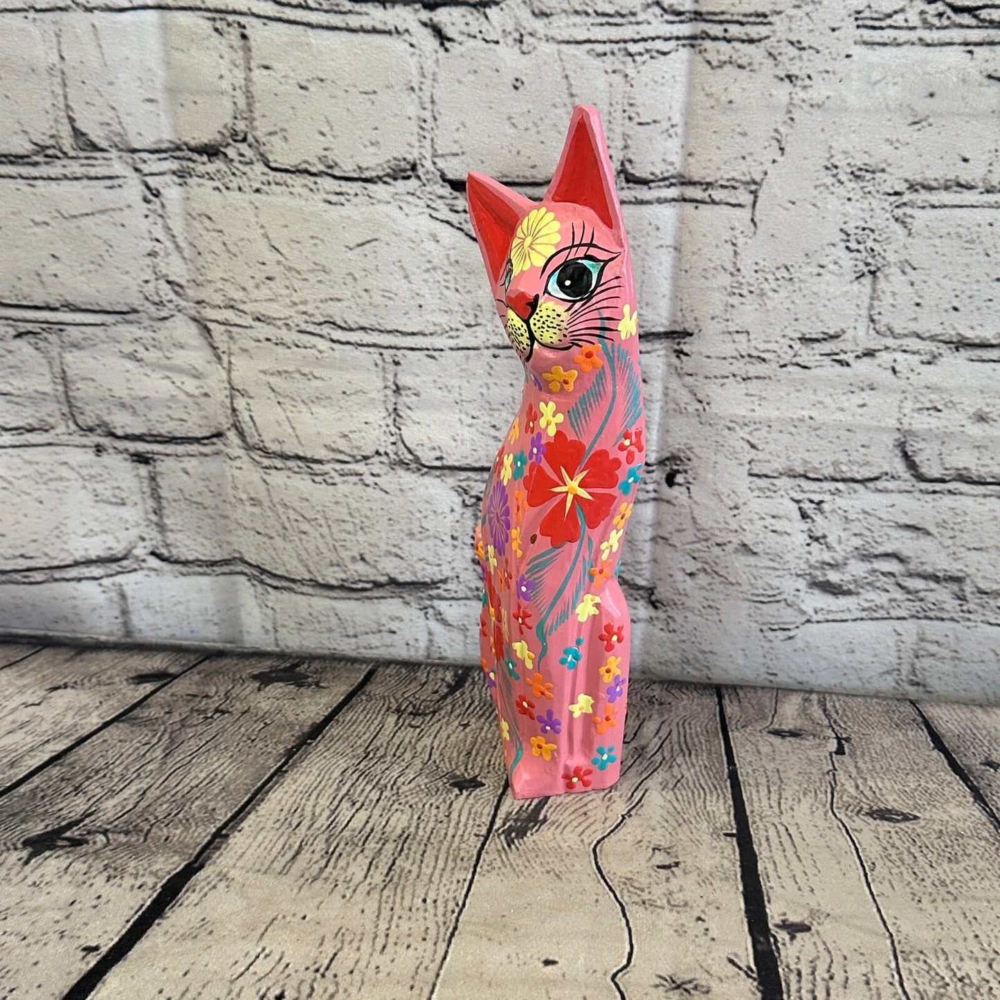 Pink Flat Back Wooden Cat With Flower Pattern 25cm x 8cm Handmade and Fairtrade