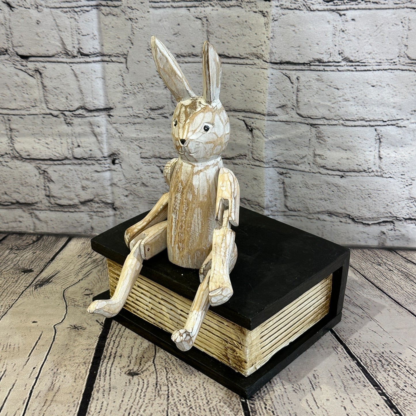 20cm Shabby White Rabbit Sitting Animal Wooden Shelf Ornament Handmade Fairtrade