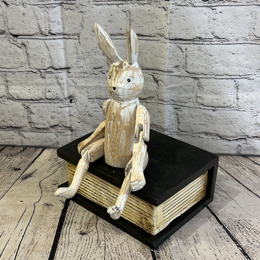 20cm Shabby White Rabbit Sitting Animal Wooden Shelf Ornament Handmade Fairtrade