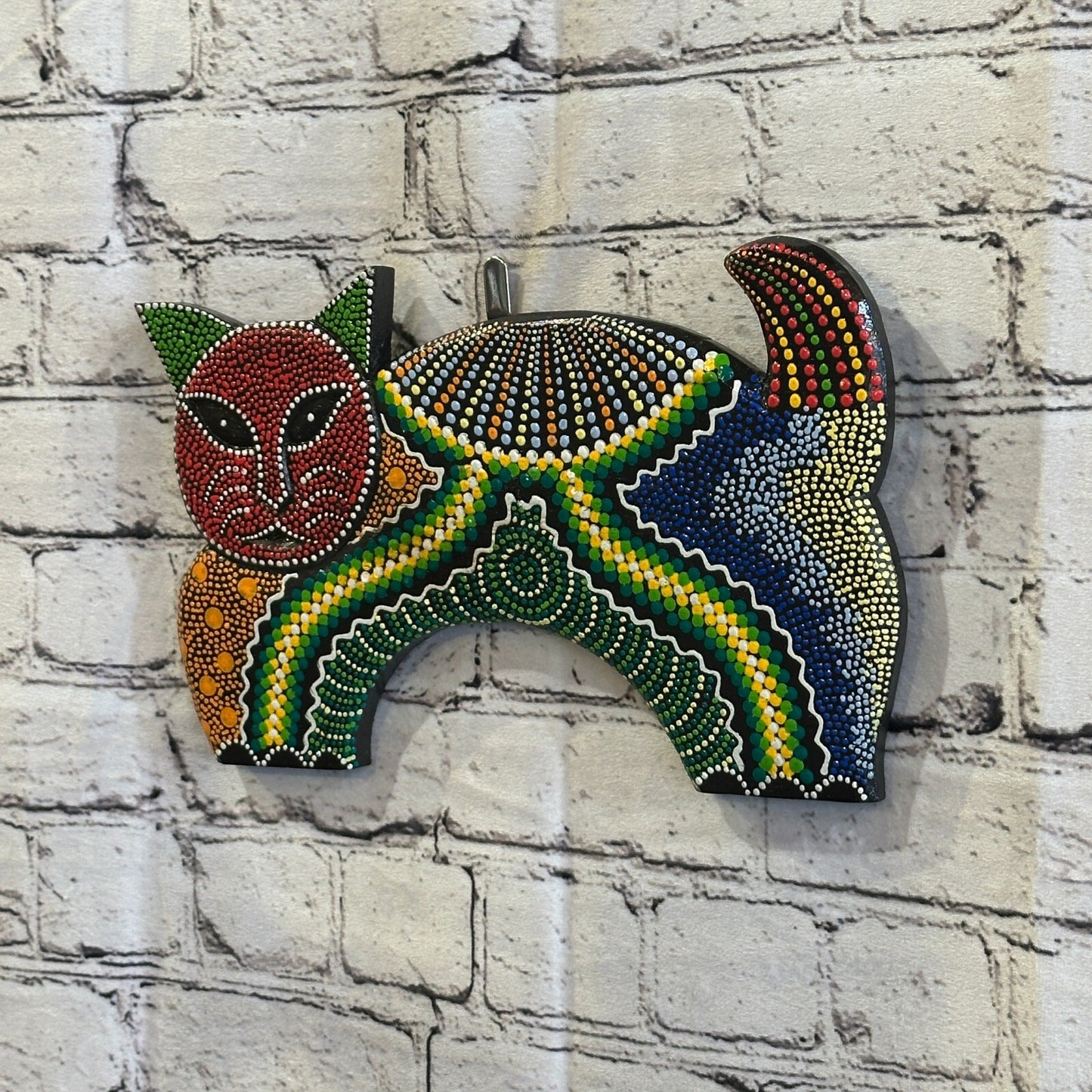 30cm Red Cat Carved Wooden Dot Painted Ethnic Tribal Tiki Wall Art Handmade