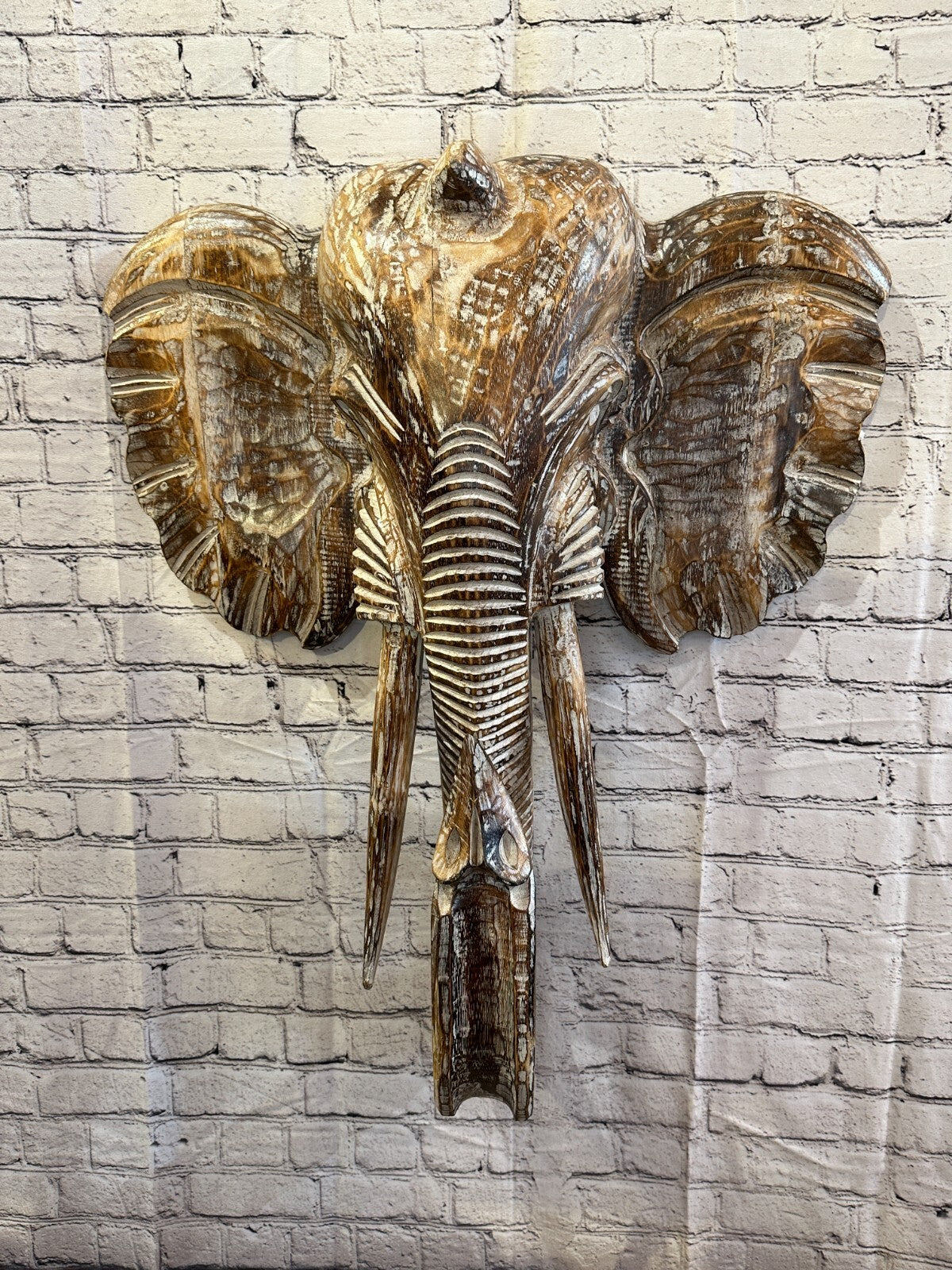 80cm x 60cm Brown Carved Wood Elephant Head Wall Mounted Art Large Shabby