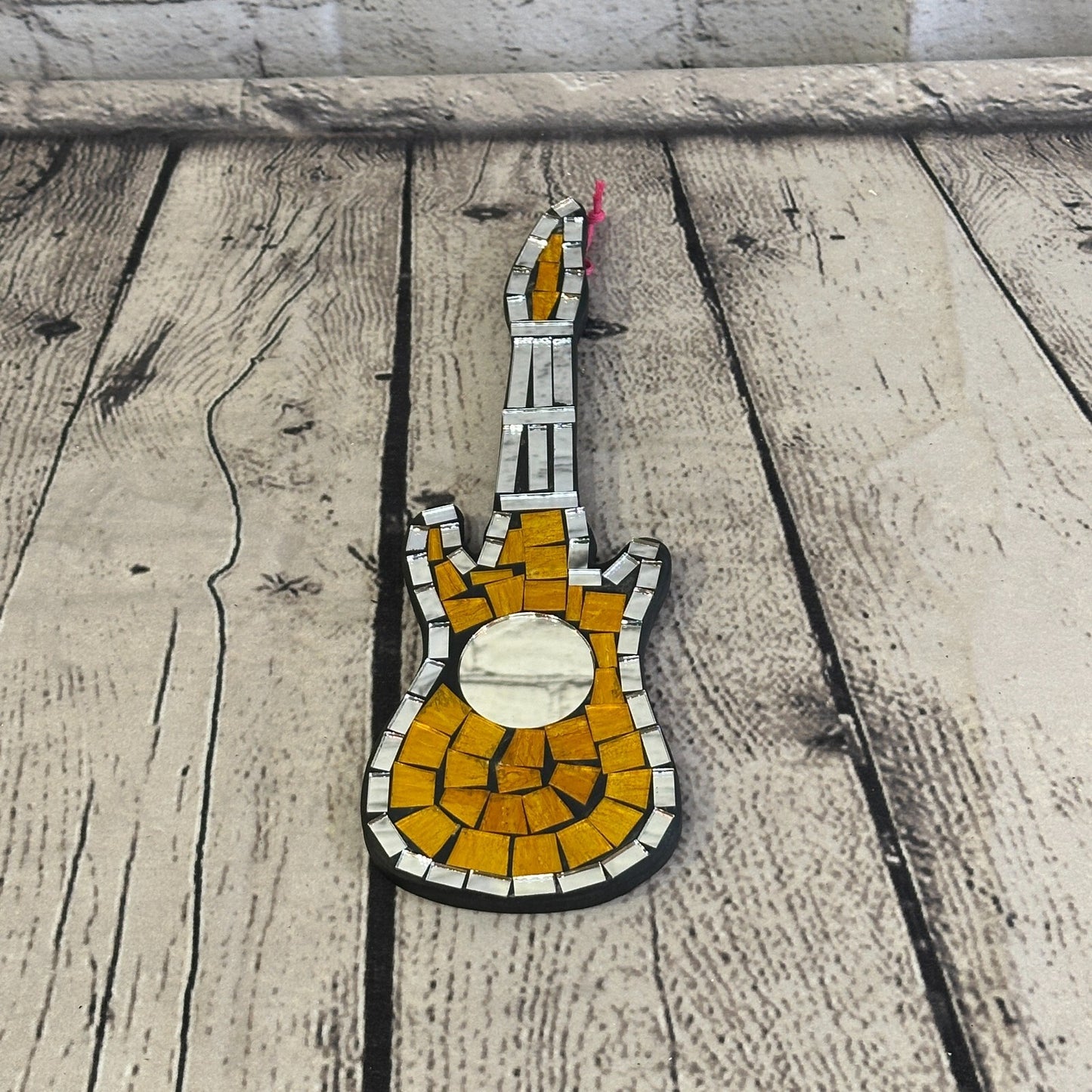 Bright Yellow Electric Guitar Mosaic Tile Wall Mirror 20cm x 8cm Handmade New