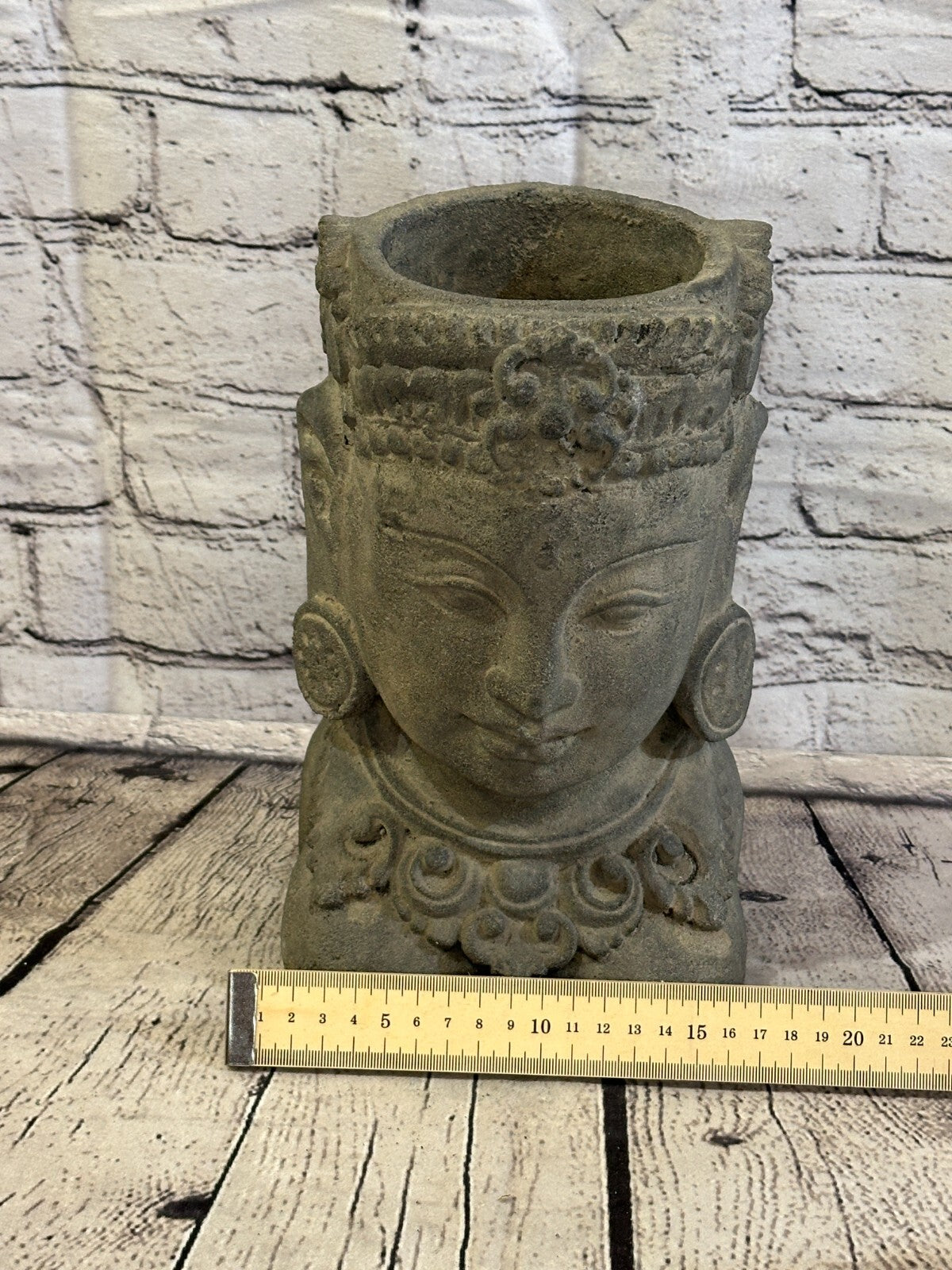 Thai Buddha Head Stone Garden Pot 25cm x 15cm Ornament Indoor Statue Hindu