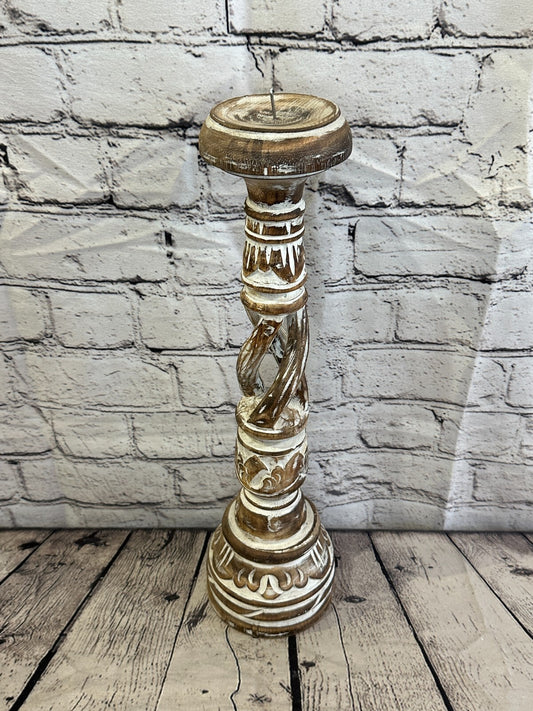 40cm Brown Tall Candlestick Shabby Chic Distressed Twist Column Candle Holder