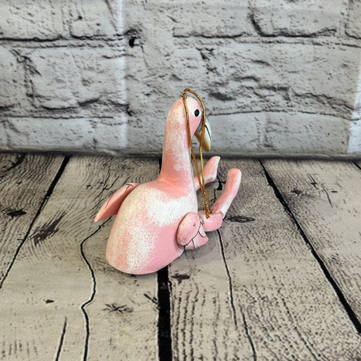 10cm Pink Flamingo Sitting Animal, Wooden Shelf Ornament Handmade and Fairtrade