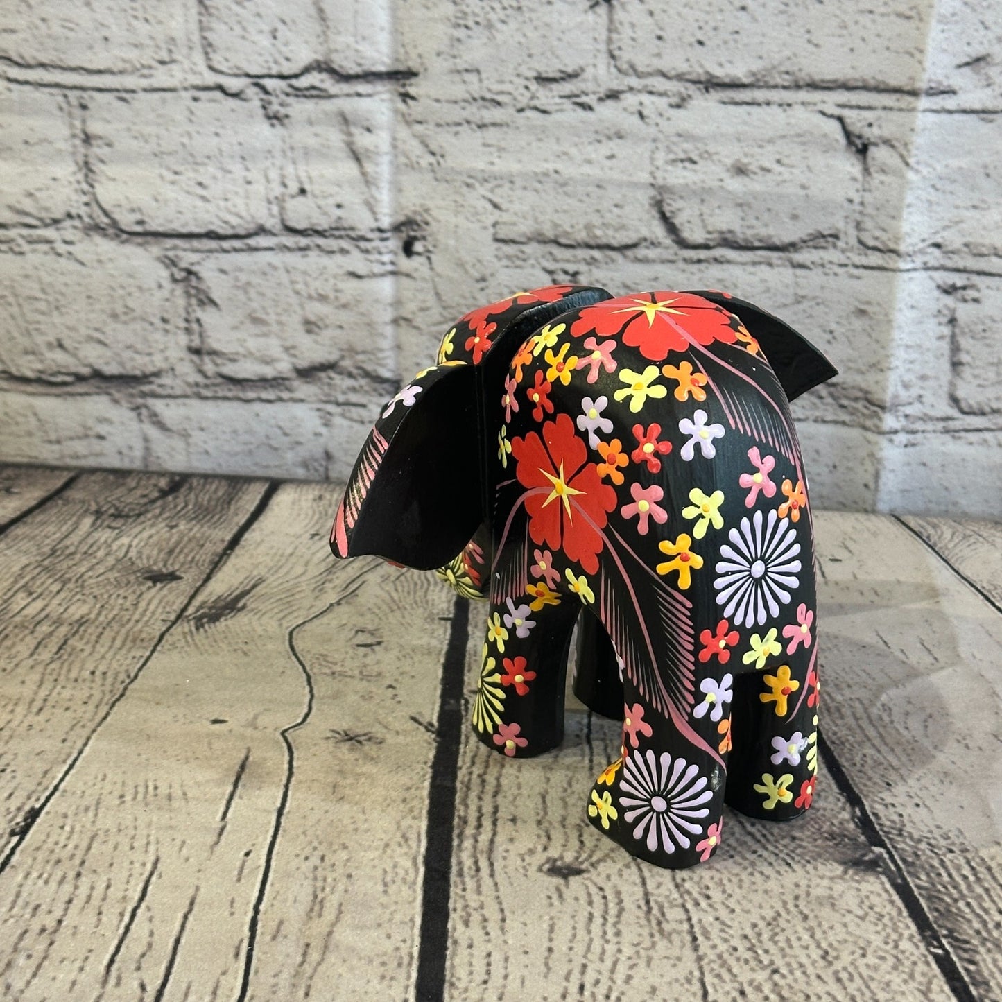 Black Wooden Elephant With Flower Pattern 15cm x 18cm Handmade and Fairtrade