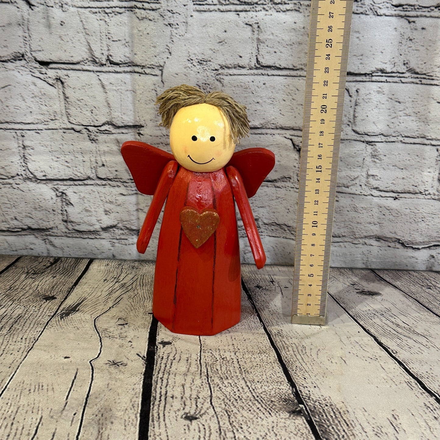 20cm x 8cm Red Cream Angel Red Heart Handcrafted Wood Xmas Christmas Ornament