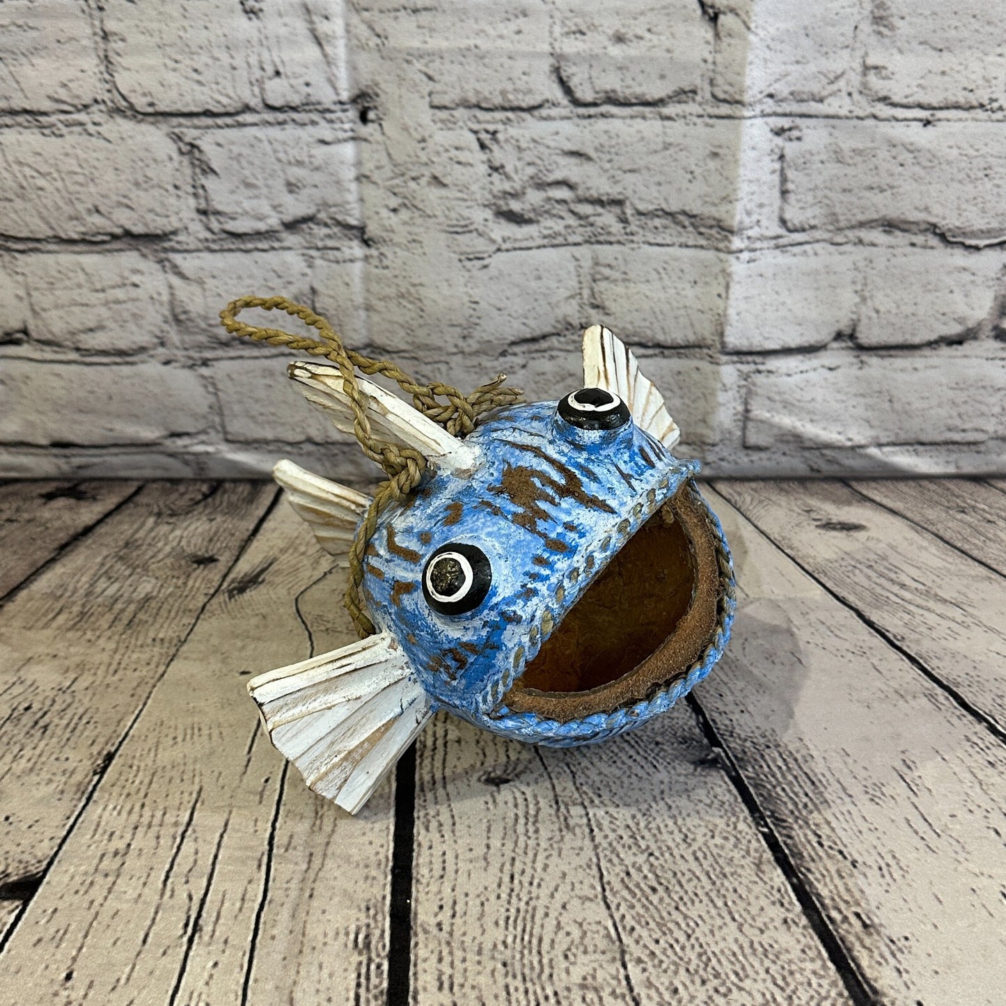 White Blue Folk Art Hand Painted Shark Fish Coconut Shell Ornaments Hanging