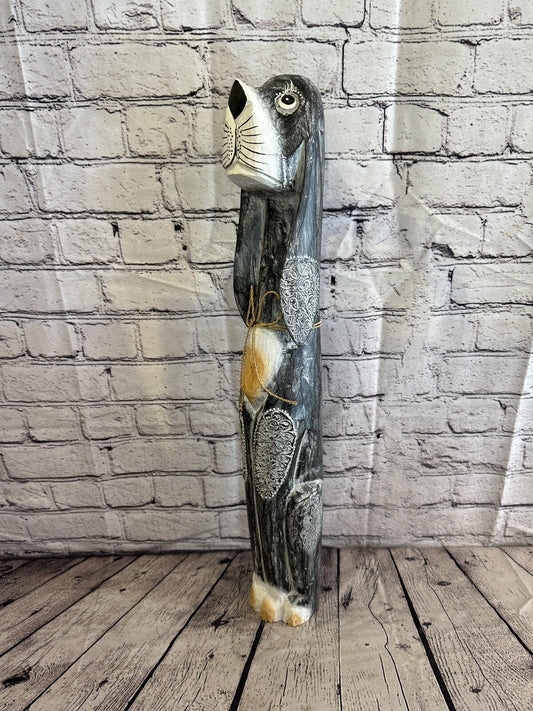 60cm Grey Flower Wooden Shabby Dog Statue Ornament Fair Trade Handcarved