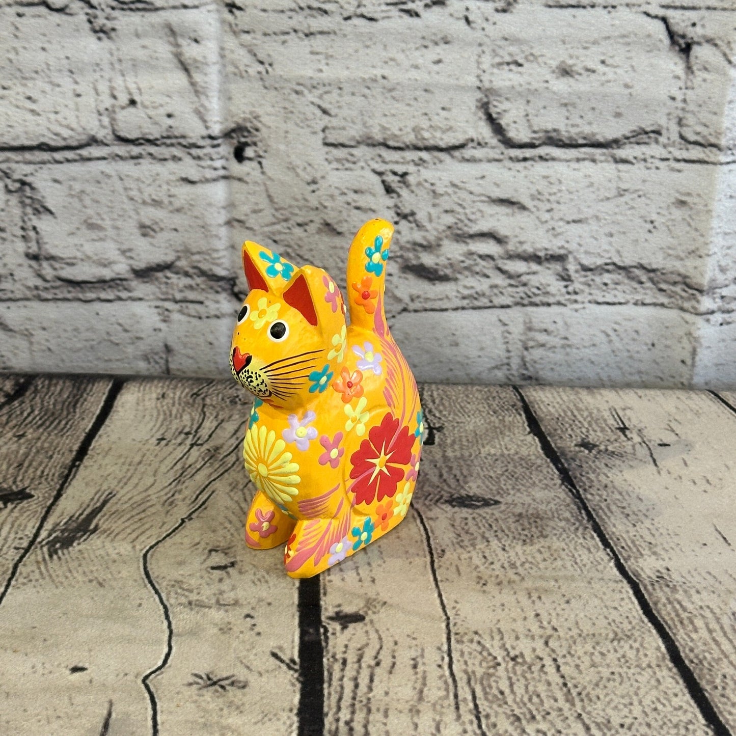 Orange Small Wooden Cat With Flower Pattern 12cm x 6cm Handmade and Fairtrade
