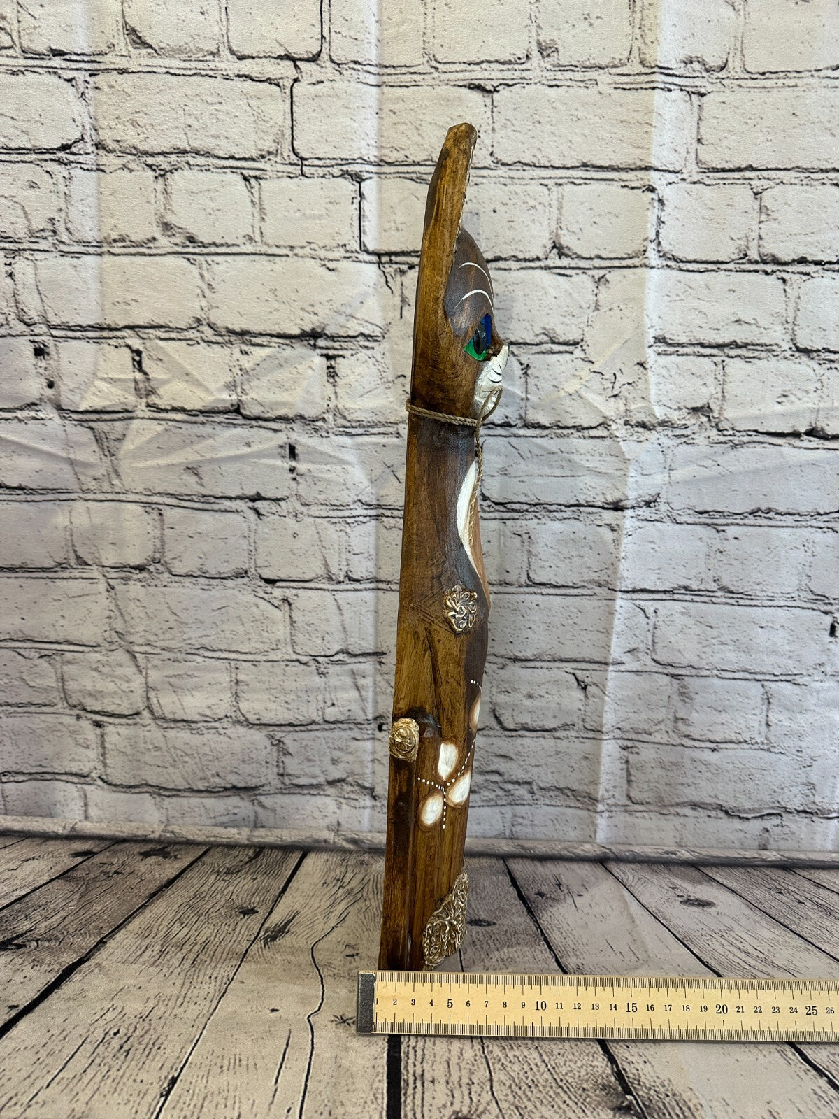 50cm Brown Swirl Flower Wooden Shabby Cat Statue Ornament Fair Trade Handcarved