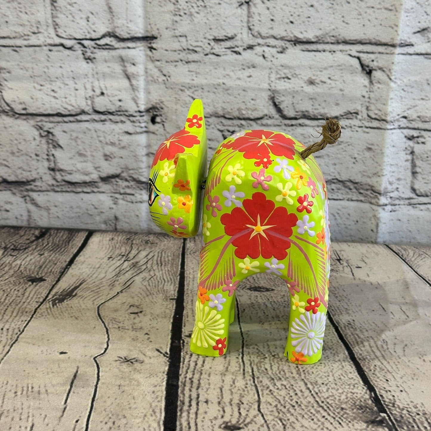Green Large Wooden Cat With Flower Pattern 15cm x 10cm Handmade and Fairtrade
