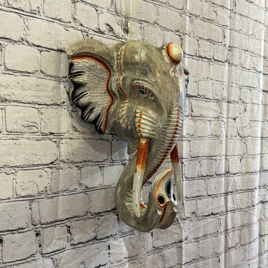 45cm x 35cm Grey Painted Wood Elephant Head Wall Mounted Art Large Shabby