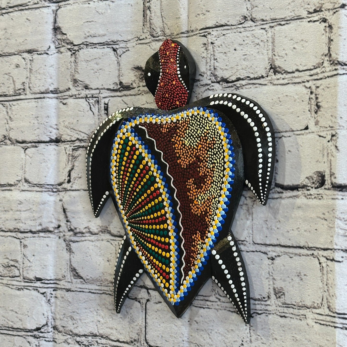 30cm Turtle Carved Wooden Dot Painted Ethnic Tribal Tiki Wall Art Handmade No 1