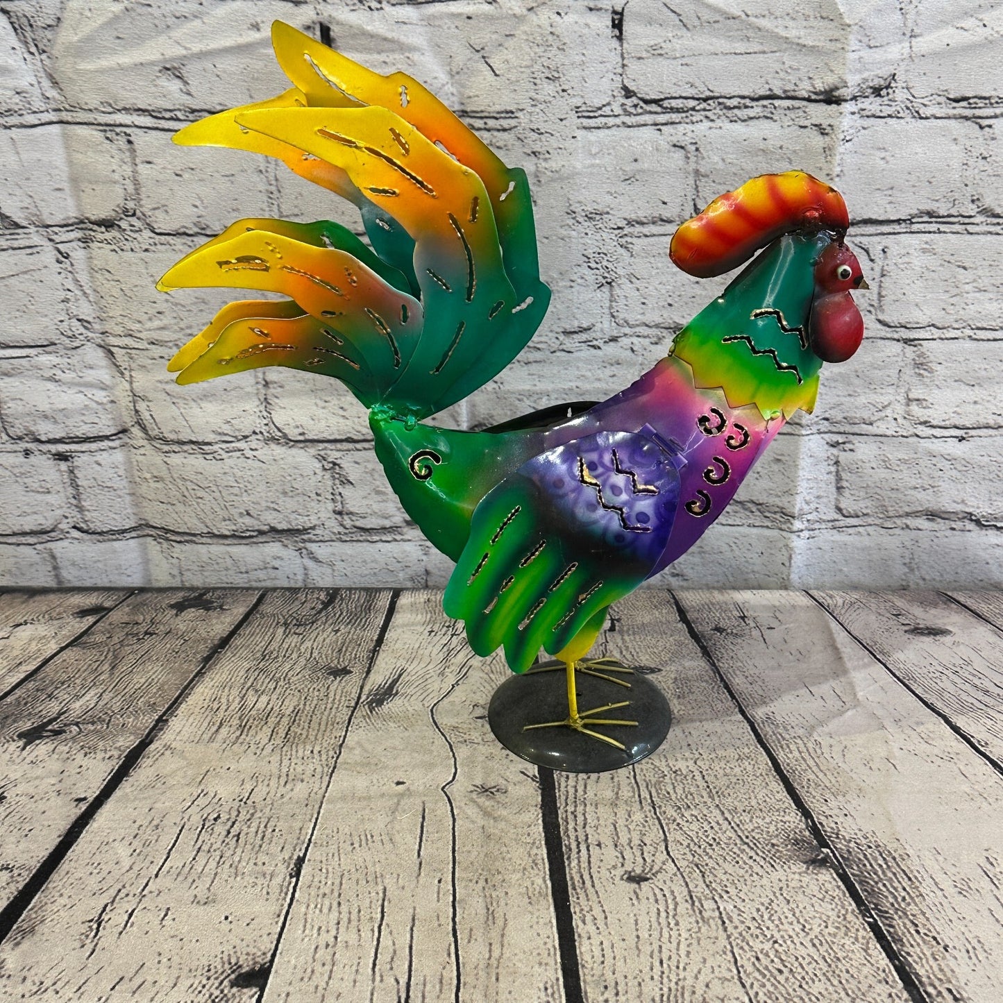 40cm x 25cm Green Purple Metal Chicken Ornament Painted Statue Candle Holder