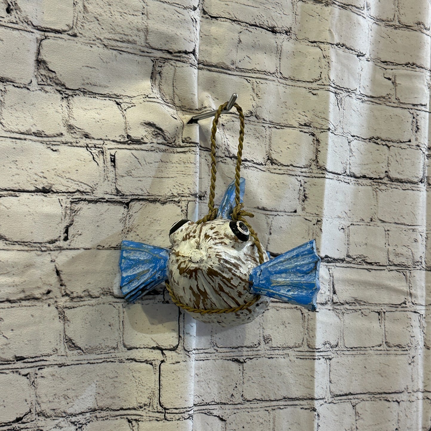 Blue White Folk Art Hand Painted Puffer Fish Coconut Shell Ornaments Hanging
