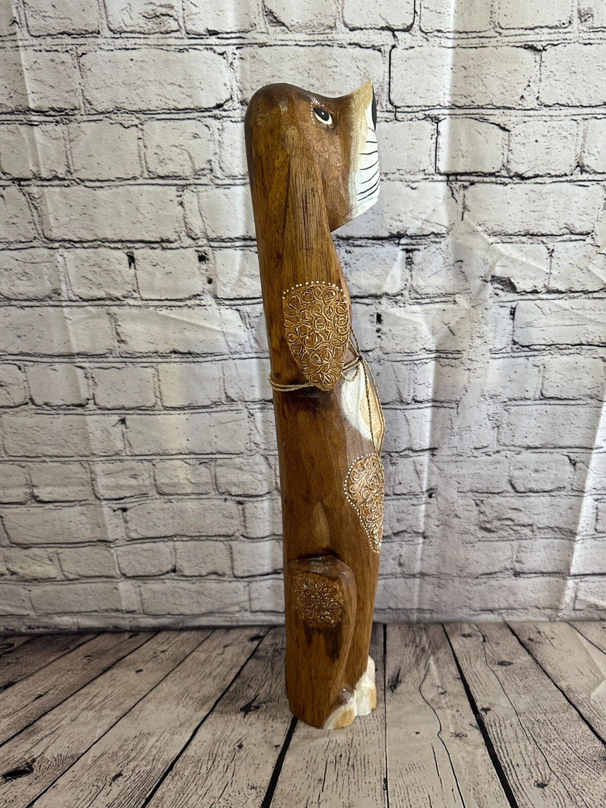 60cm Dark Brown Flower Wooden Shabby Dog Statue Ornament Fair Trade Handcarved
