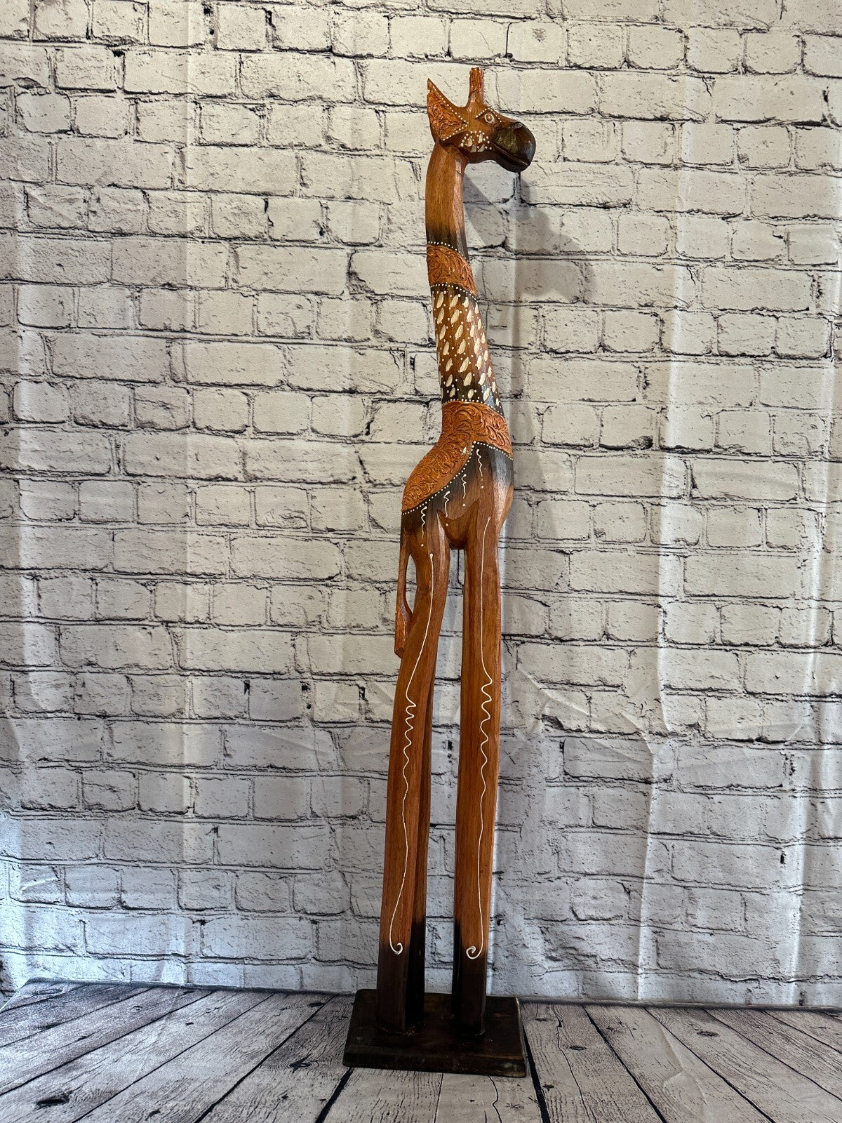 100cm Brown Painted Wood Giraffe Tall Statue Wood Modern Hand Carved Painted