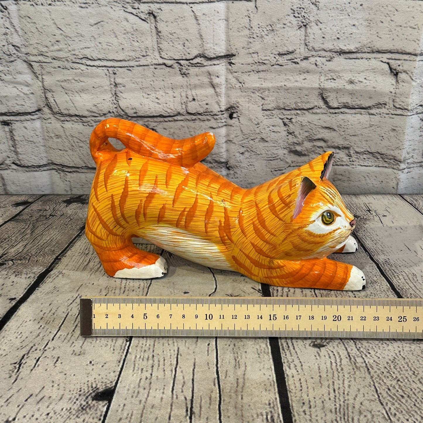 22cm x 14cm Orange Tabby Style Painted Wooden Hand Carved Stretching Cat Wooden