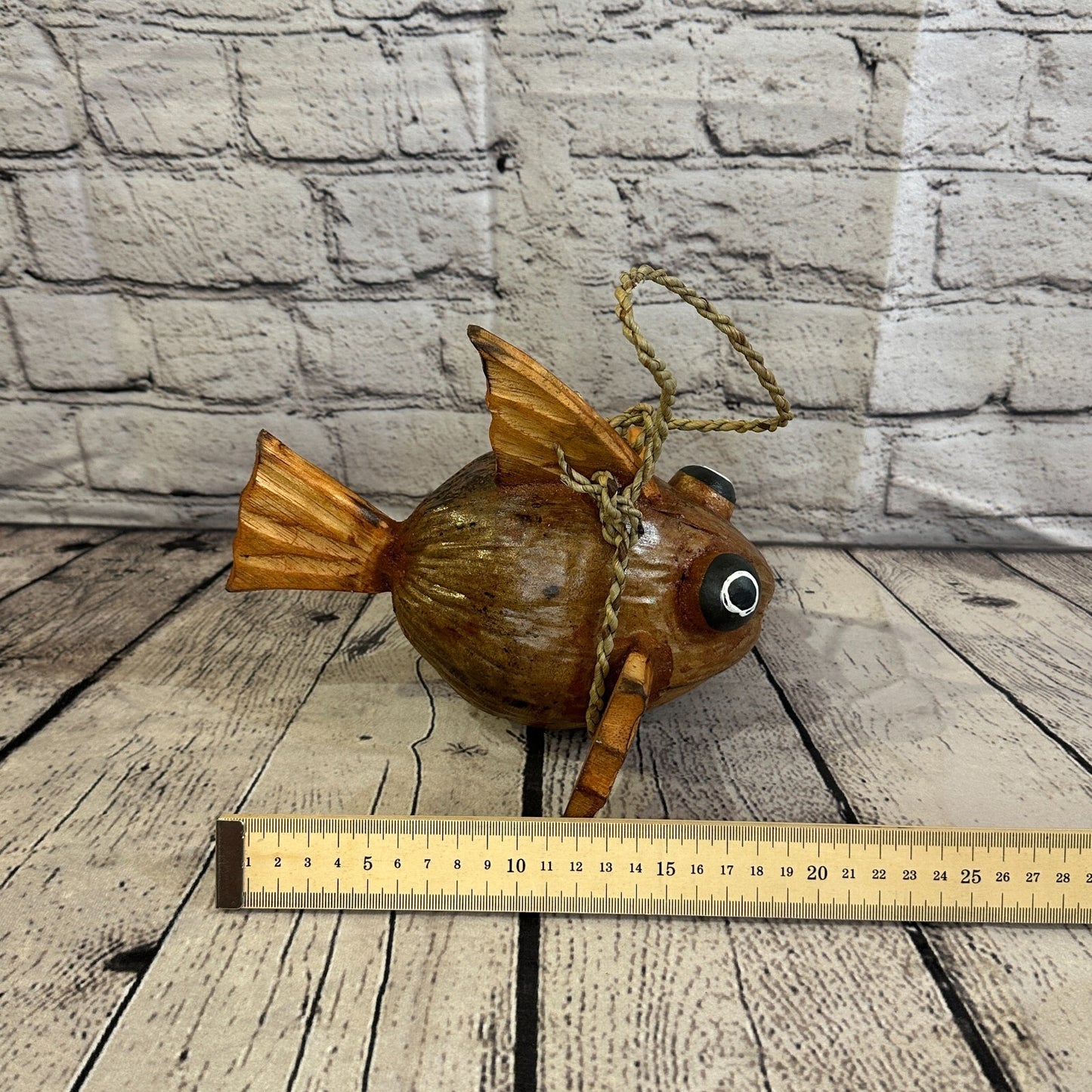 Plain Brown Folk Art Hand Painted Puffer Fish Coconut Shell Ornaments Hanging