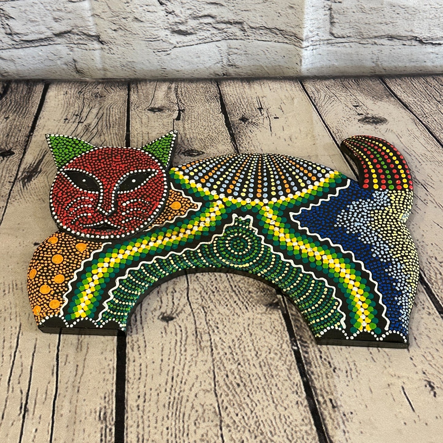 30cm Red Cat Carved Wooden Dot Painted Ethnic Tribal Tiki Wall Art Handmade