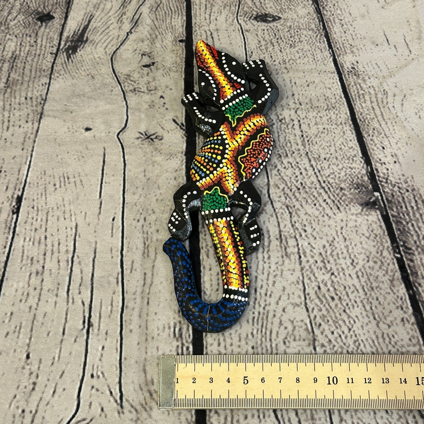 20cm Gecko Carved Wooden Dot Painted Ethnic Tribal Tiki Wall Handmade No 4
