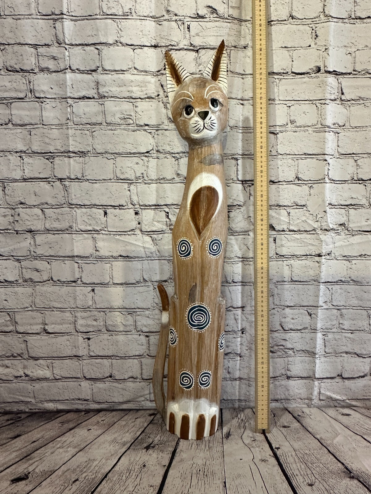 80cm Light Brown Flower Wooden Shabby Cat Statue Ornament Fair Trade Handcarved