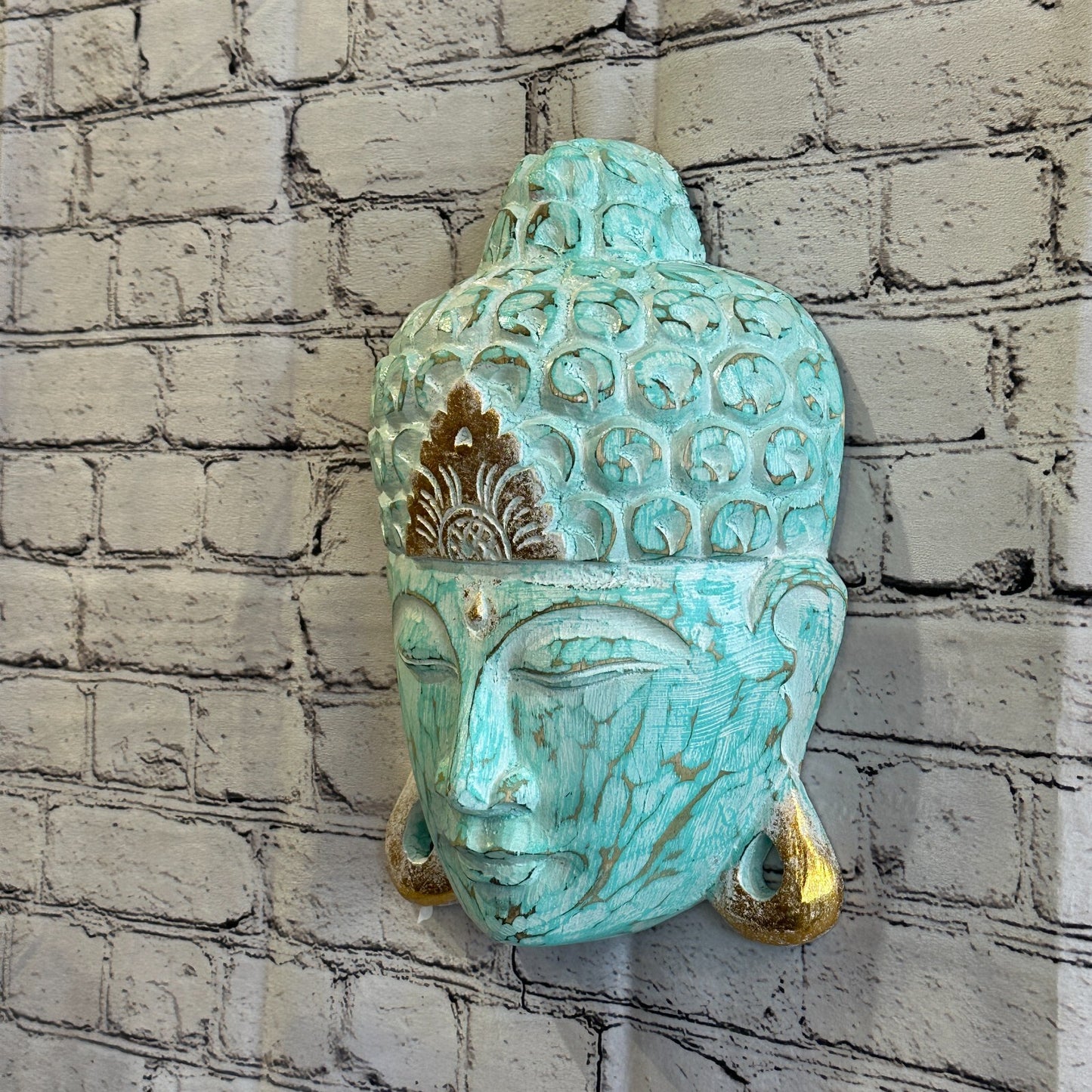 30cm x 20cm Green Buddha Head Mask Wooden Hanging Statue Figurine Ornament