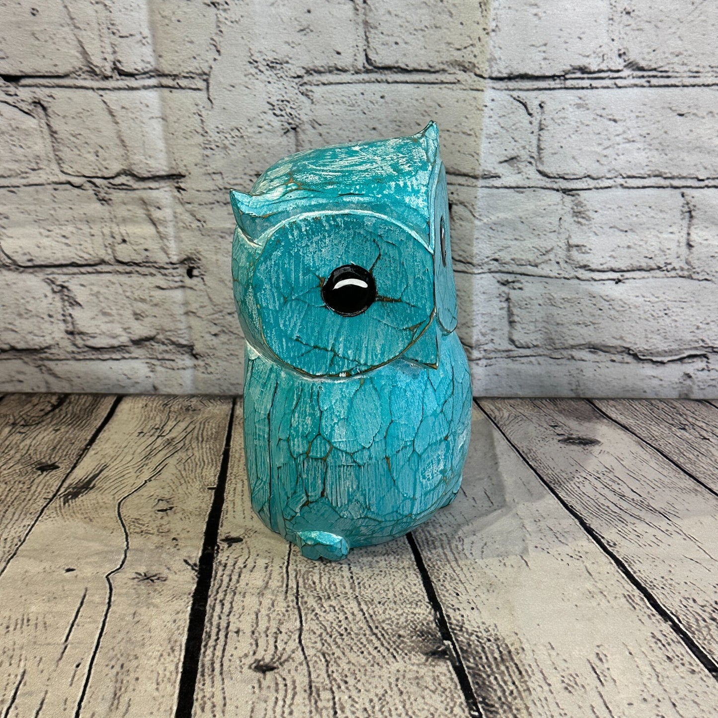 20cm x 15cm Green Flower Wooden Shabby Owl Statue Ornament Fair Trade Handcarved