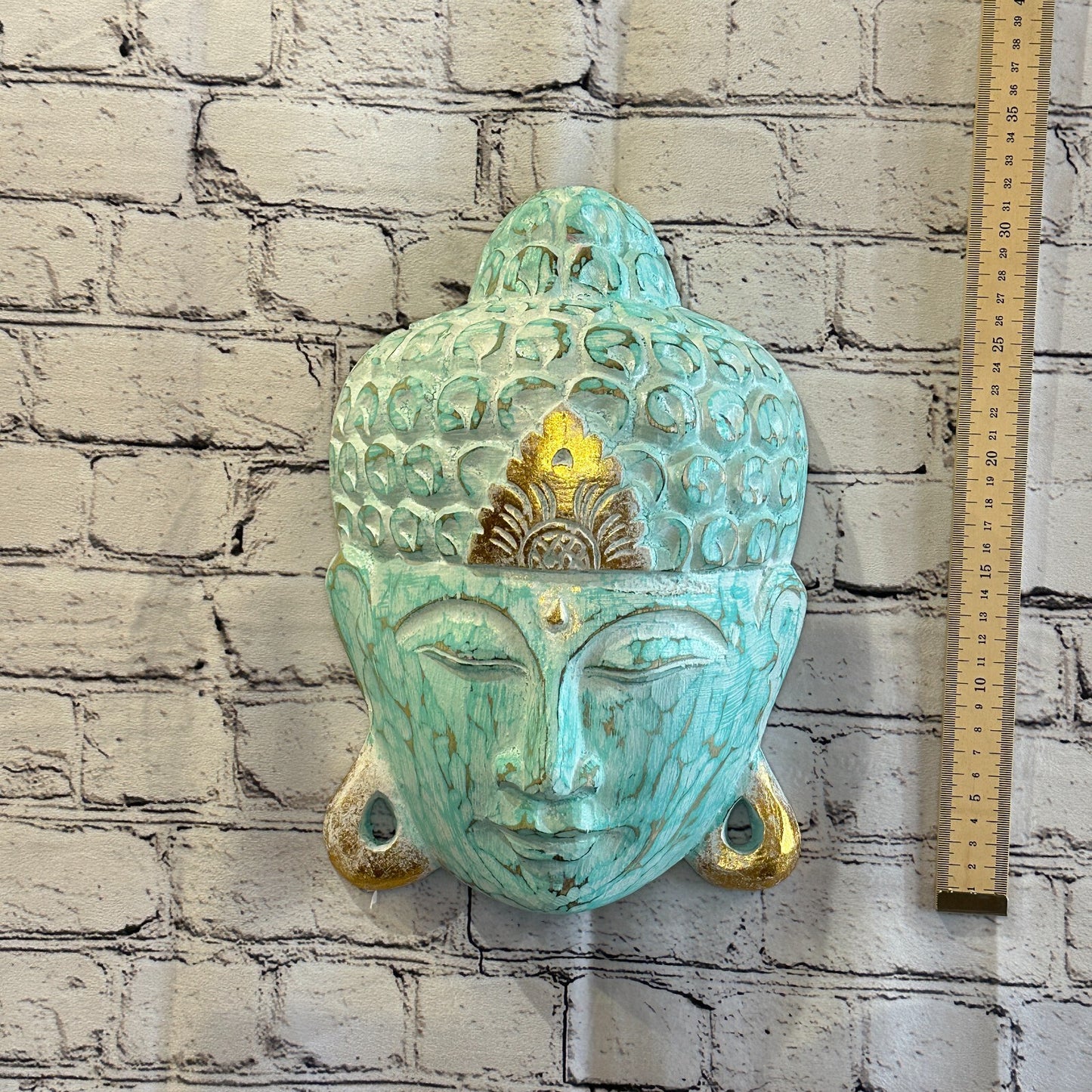 30cm x 20cm Green Buddha Head Mask Wooden Hanging Statue Figurine Ornament