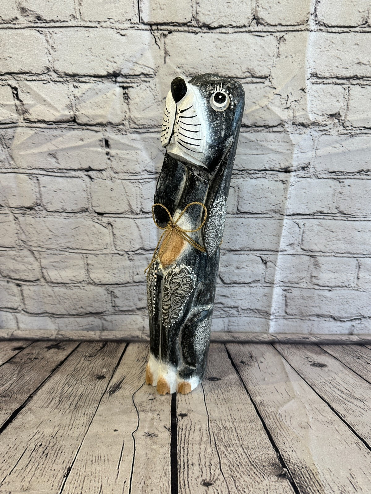 40cm Grey Flower Wooden Shabby Dog Statue Ornament Fair Trade Handcarved