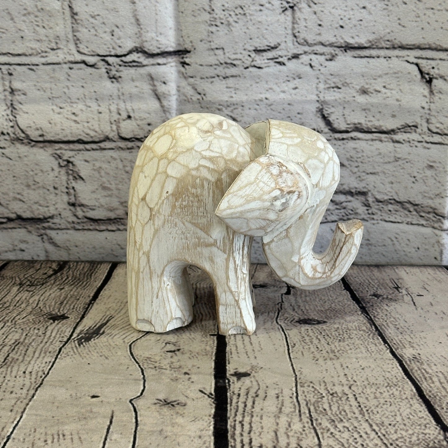 White Wooden Elephant With Shabby Pattern 12cm x 12cm Handmade and Fairtrade