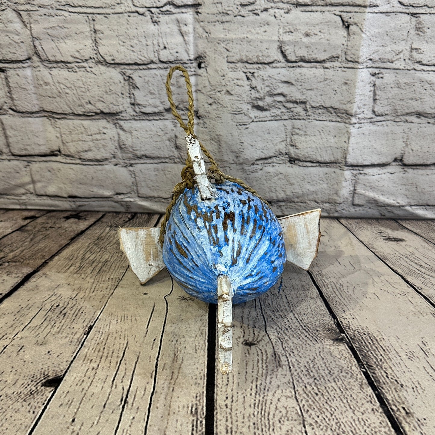 White Blue Folk Art Hand Painted Puffer Fish Coconut Shell Ornaments Hanging