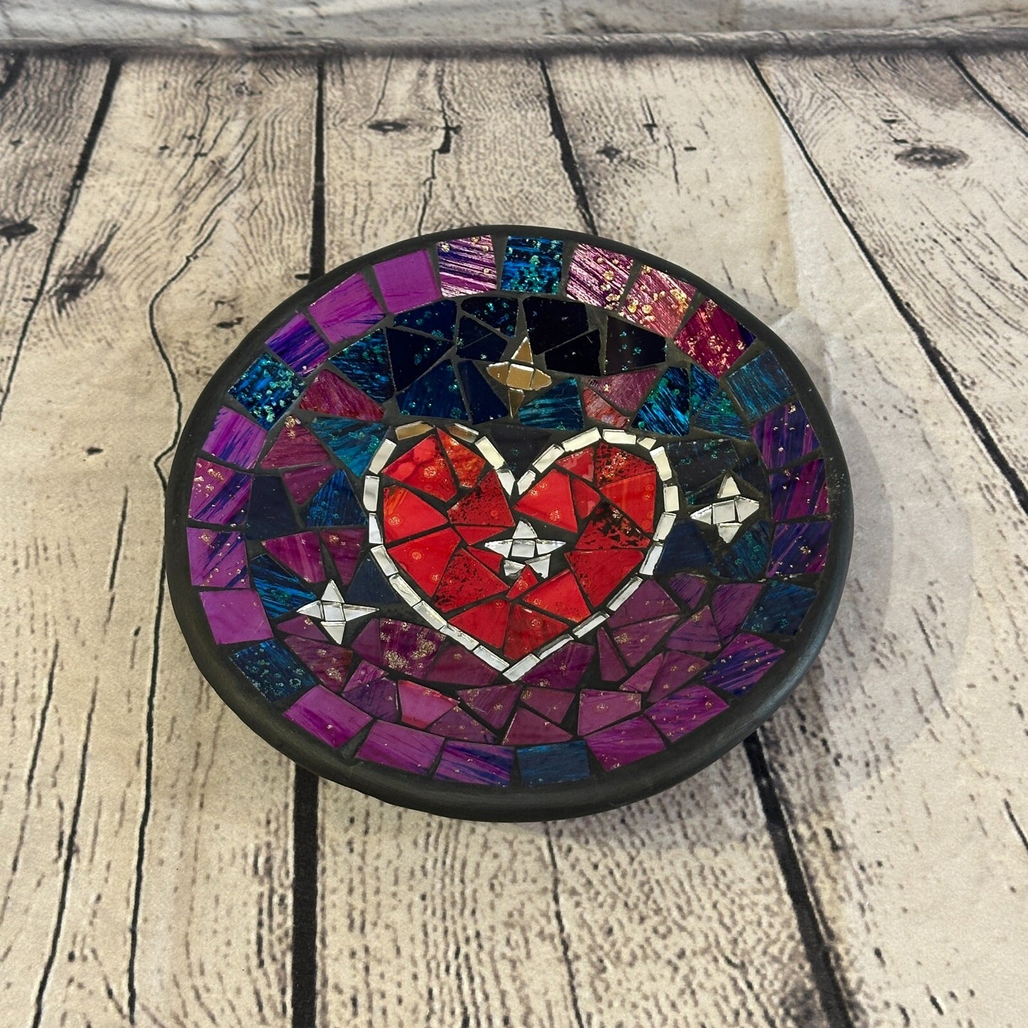 20cm Purple Red Heart Round Mosaic Handmade Ceramic Glass Tile Bowl Fruit