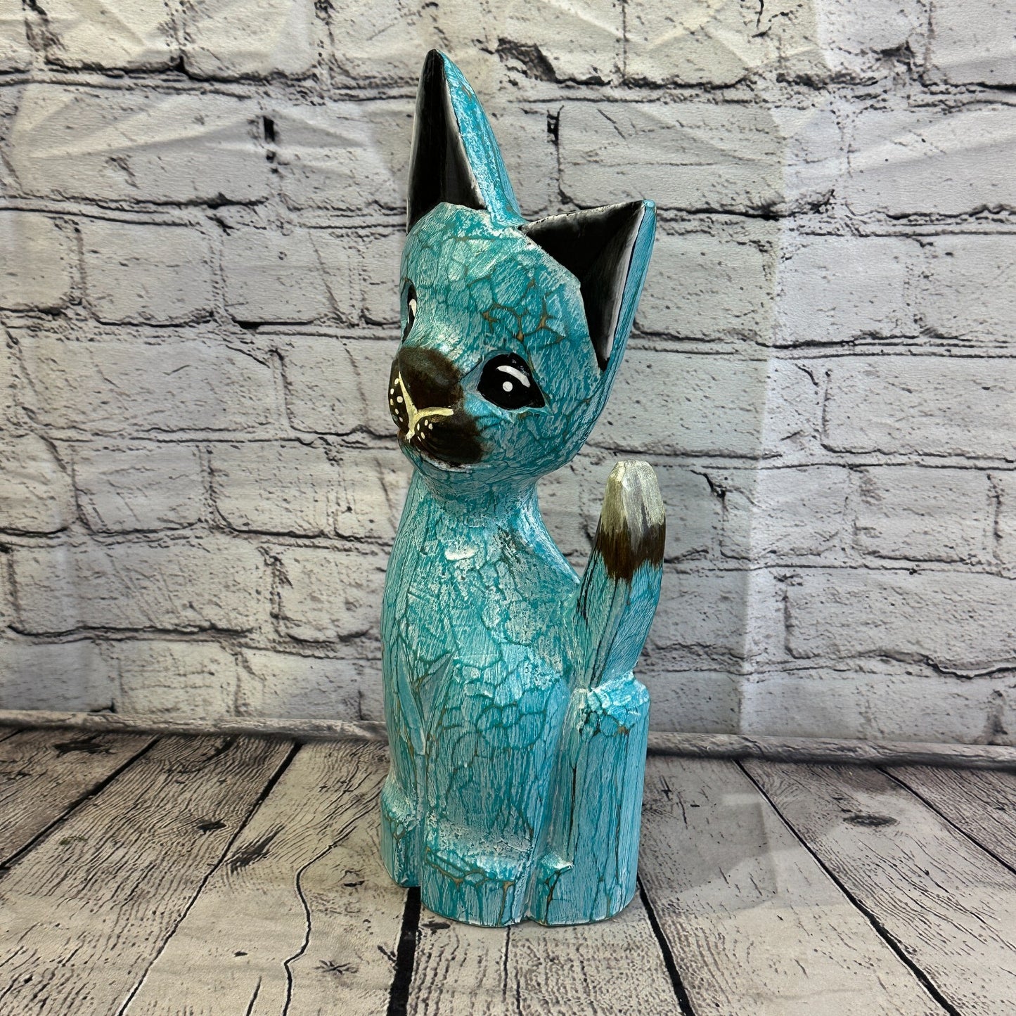 35cm x 15cm Green Flower Wooden Shabby Cat Statue Ornament Fair Trade Handcarved