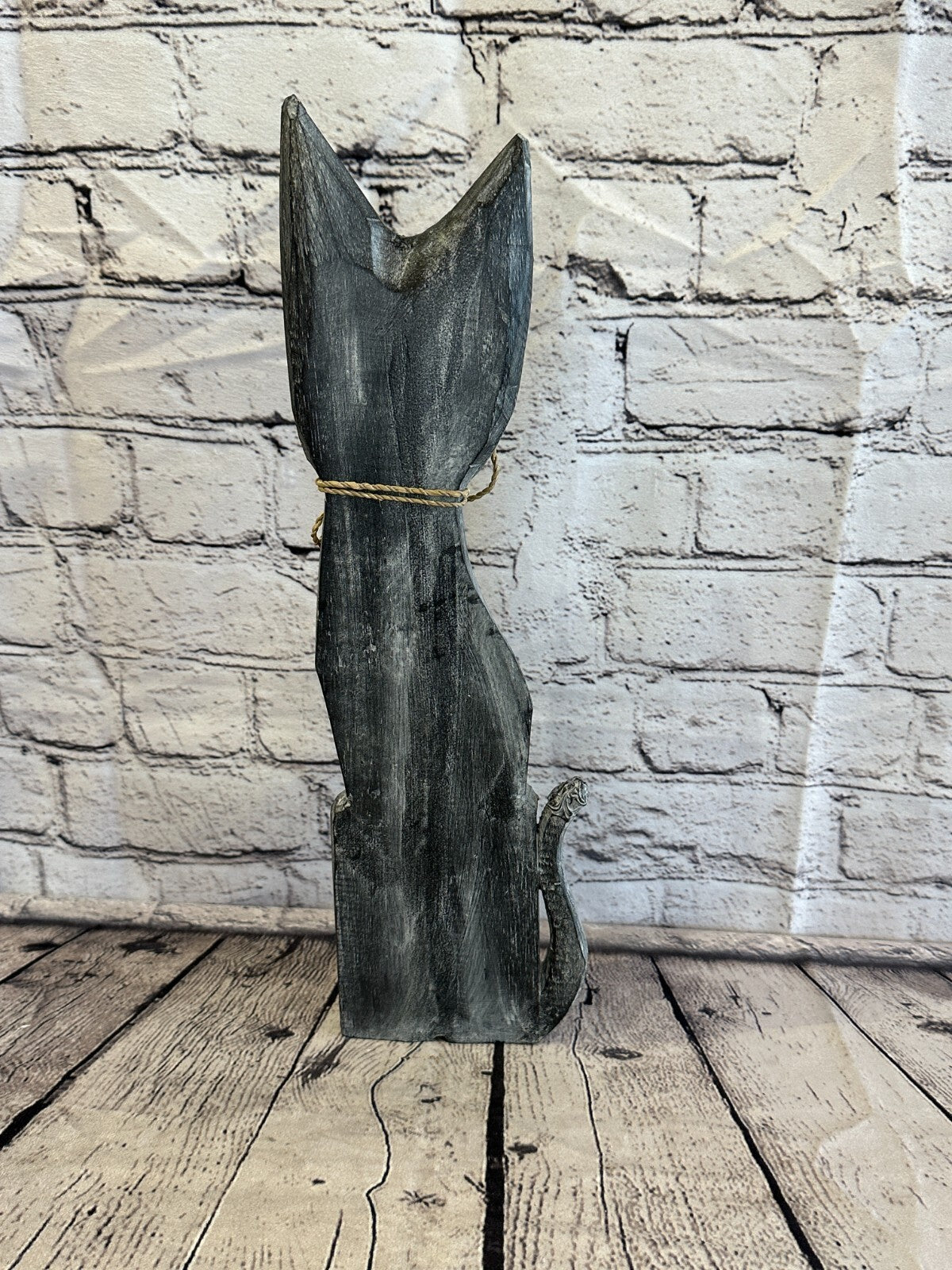40cm Grey Swirl Flower Wooden Shabby Cat Statue Ornament Fair Trade Handcarved
