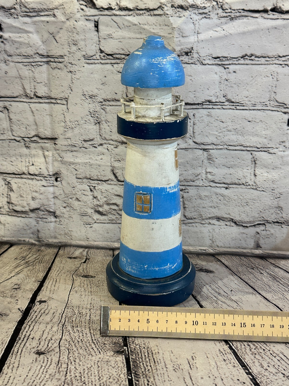 30cm Blue White Wooden Lighthouse Ornament Nautical Coastal Sculpture Statue