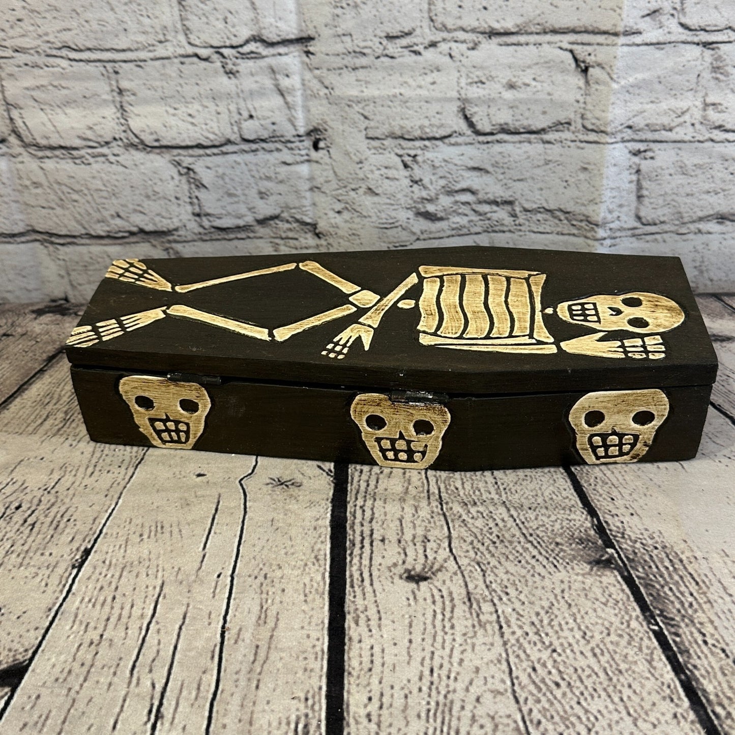 28cm x 8cm x 6cm Coffin Wooden Gothic Skeleton Skull Head Coffin Jewellery Box