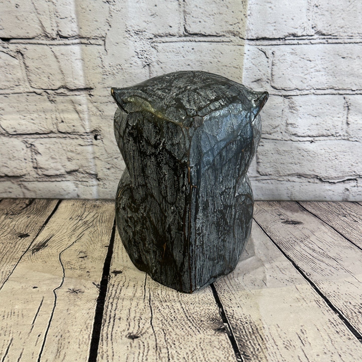 20cm x 15cm Black Flower Wooden Shabby Owl Statue Ornament Fair Trade Handcarved