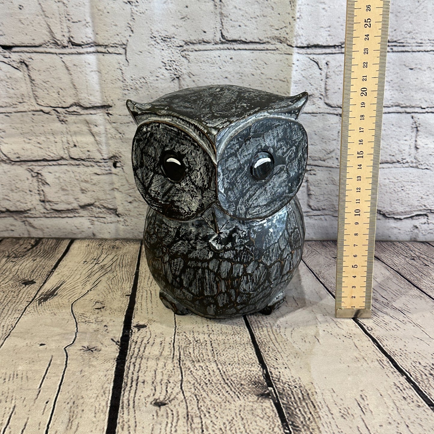 20cm x 15cm Black Flower Wooden Shabby Owl Statue Ornament Fair Trade Handcarved