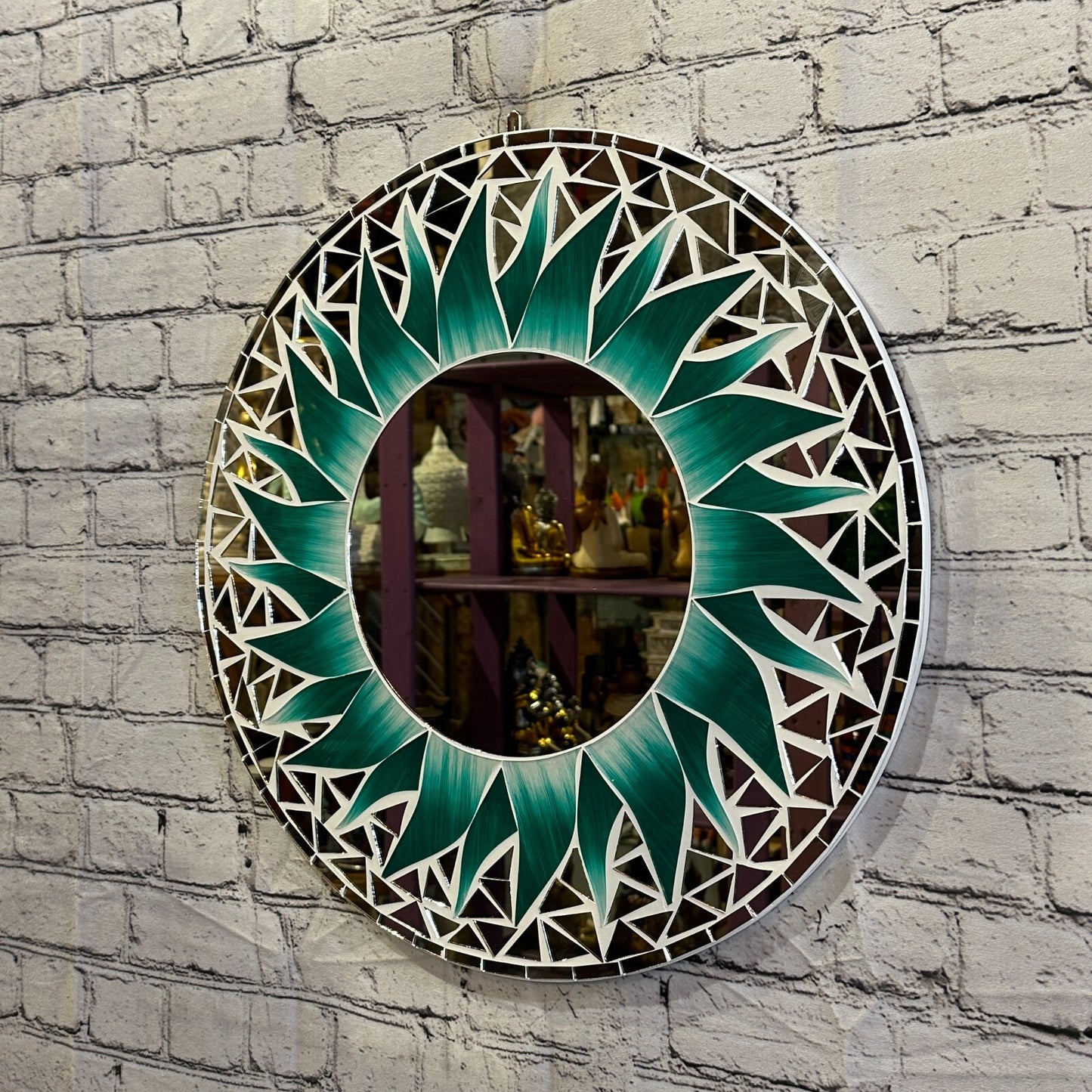 Green Flame Sun Mosaic Tile Wall Mirror 50cm x 50cm 20 Inches Handmade New