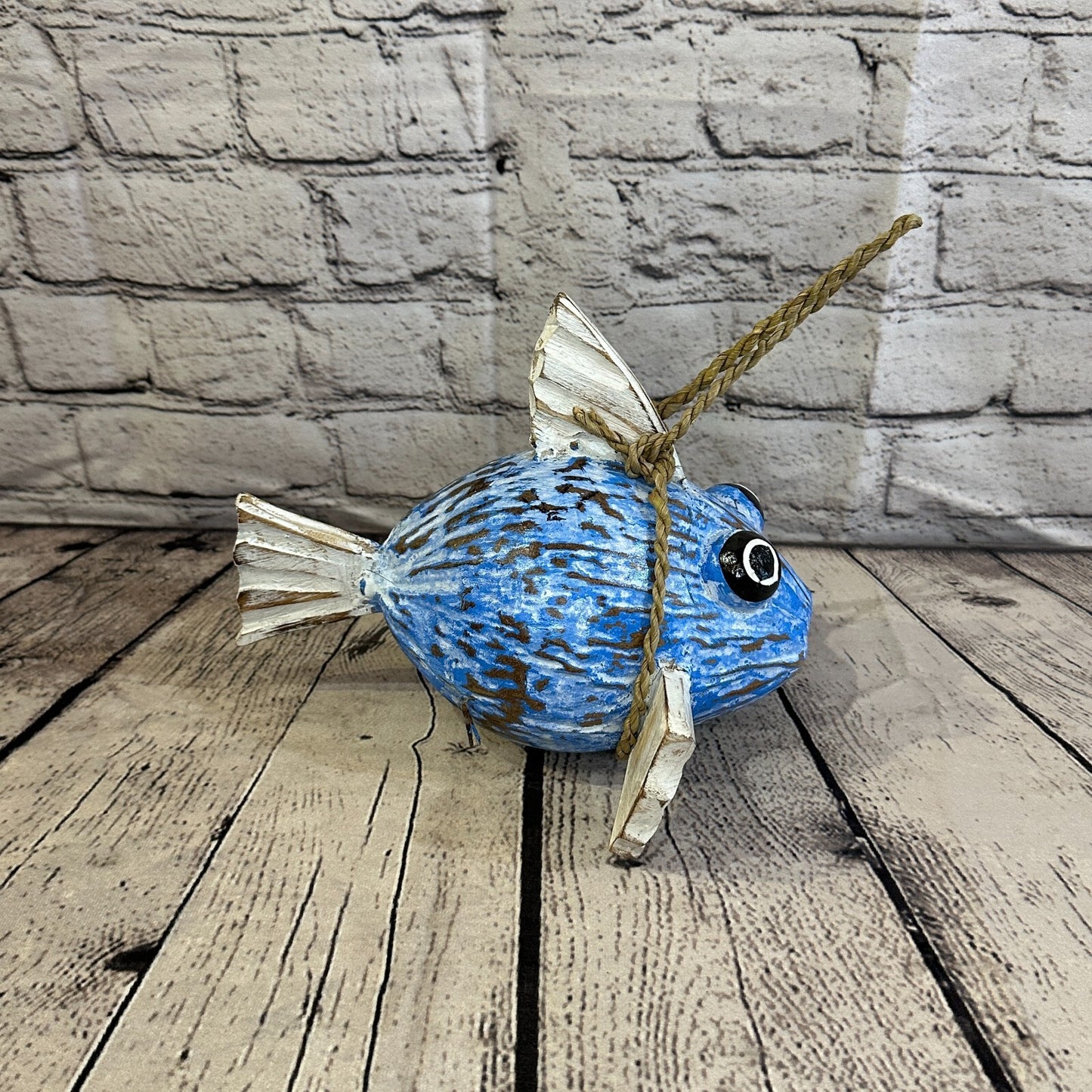 White Blue Folk Art Hand Painted Puffer Fish Coconut Shell Ornaments Hanging