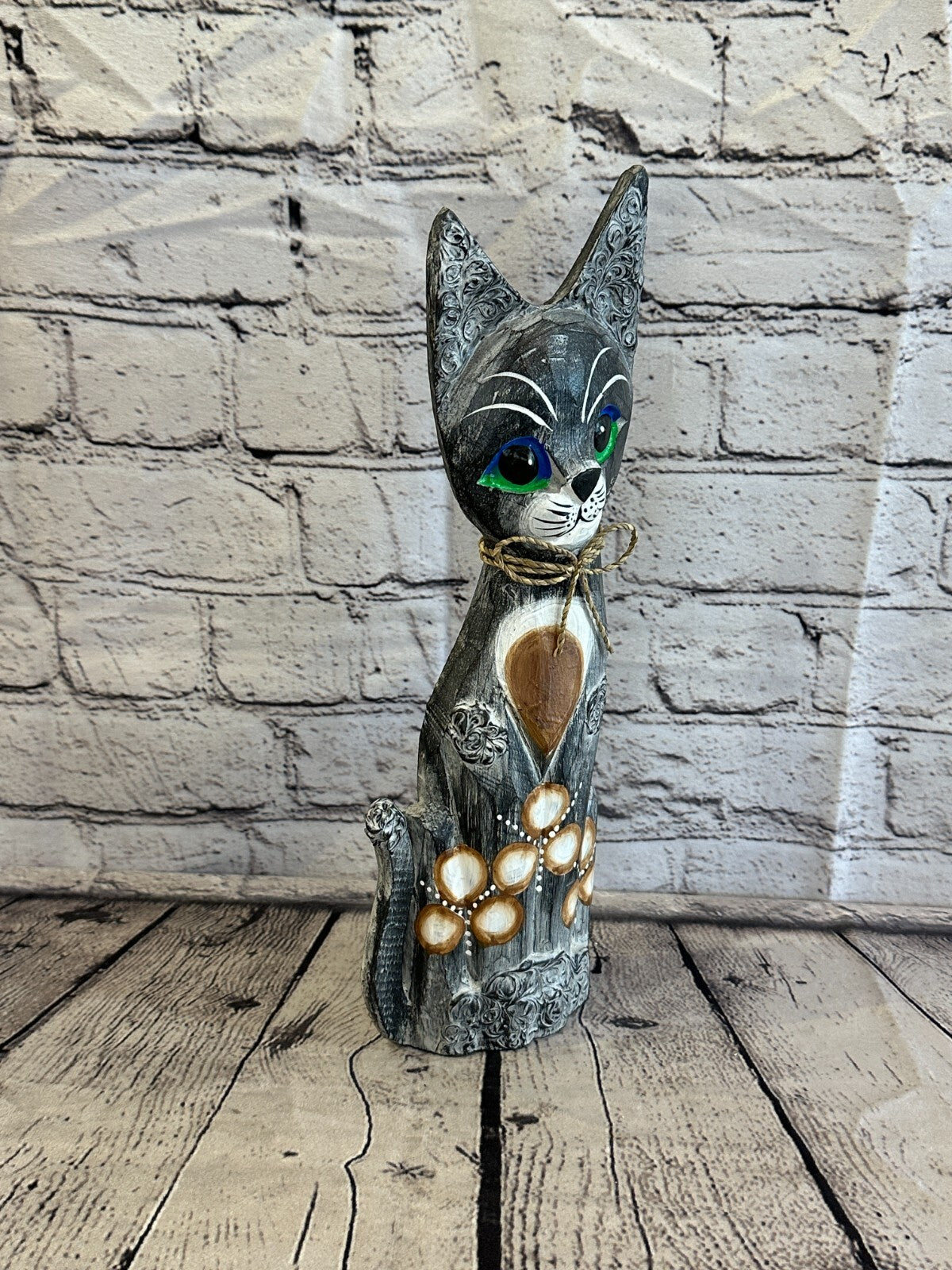 30cm Grey Swirl Flower Wooden Shabby Cat Statue Ornament Fair Trade Handcarved