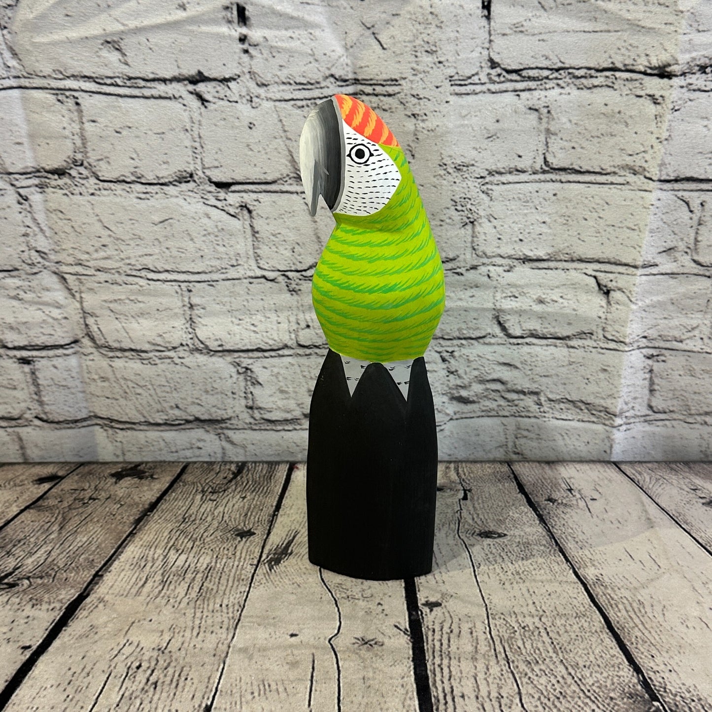 30cm Green Parrot Bird Ornament Statue Fair Trade Hand Made Carved Wood