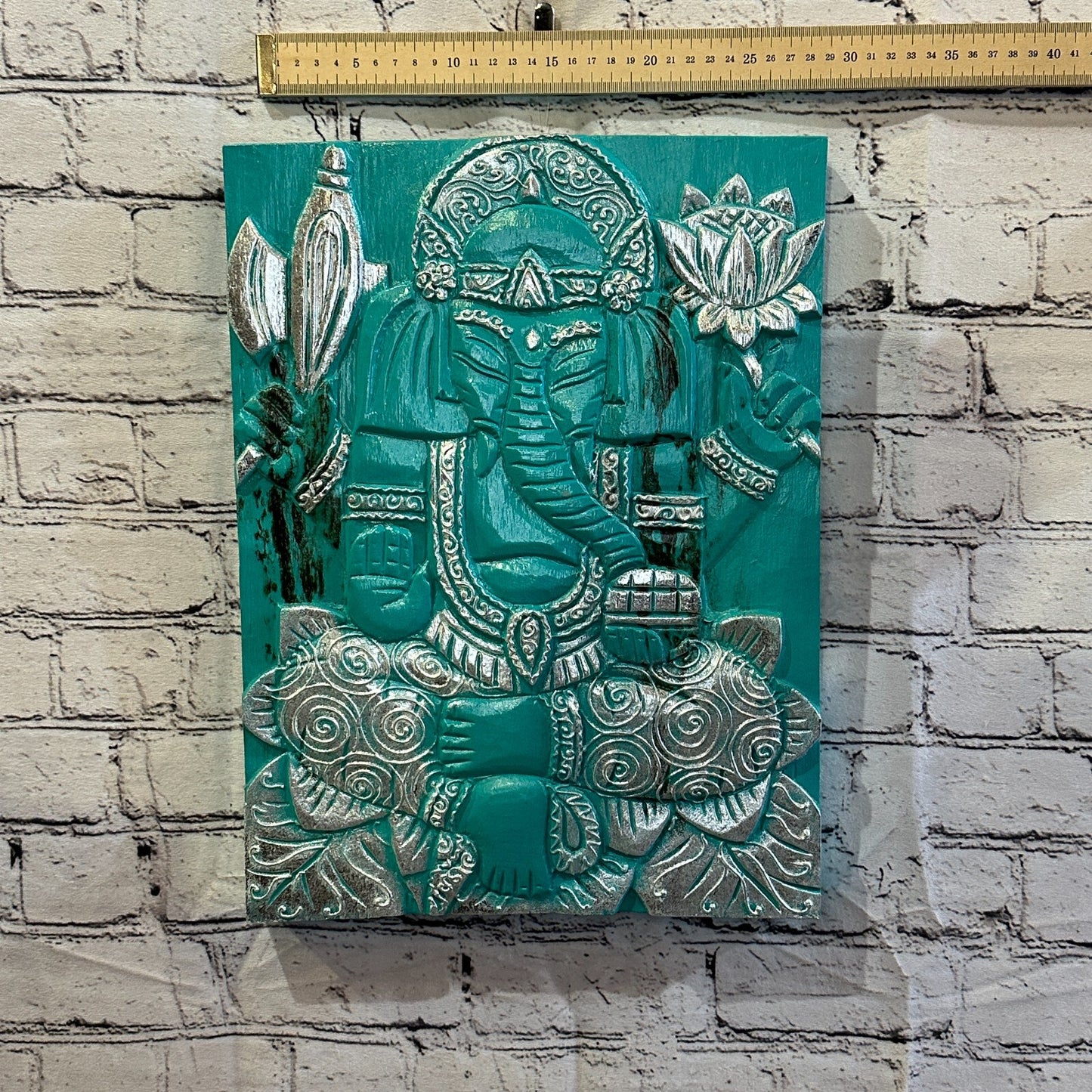 Wooden Wood Panel 40cm Brown Teal Ganesh Lotus Wall Art Plaque Handcarved