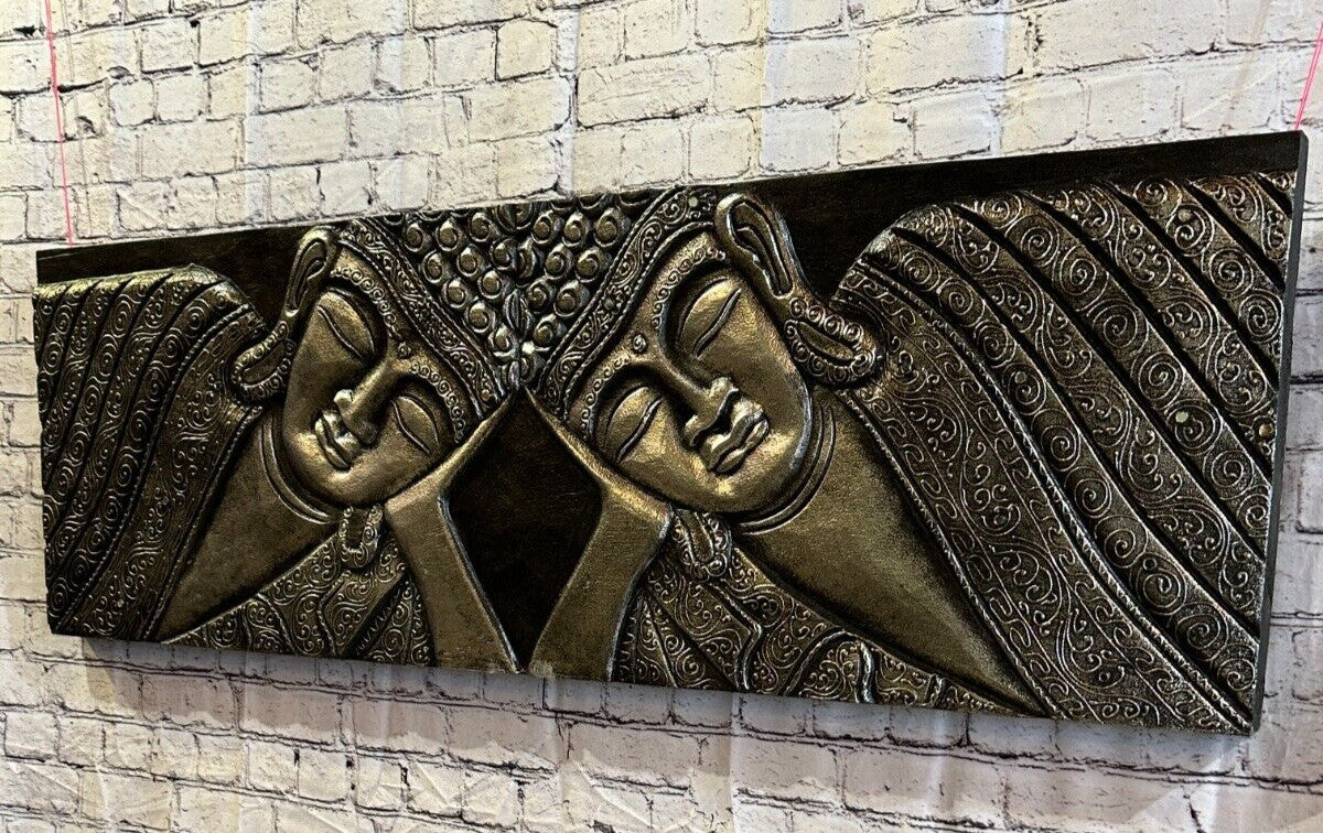 110cm x 40cm Buddha 2 Faces Silver Wooden Wood Panel Wall Art Plaque Handcarved