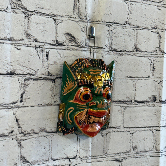 Small Wooden Green Barong Wall Mask 15cm x 12cm Handmade And Fairtrade Hindu