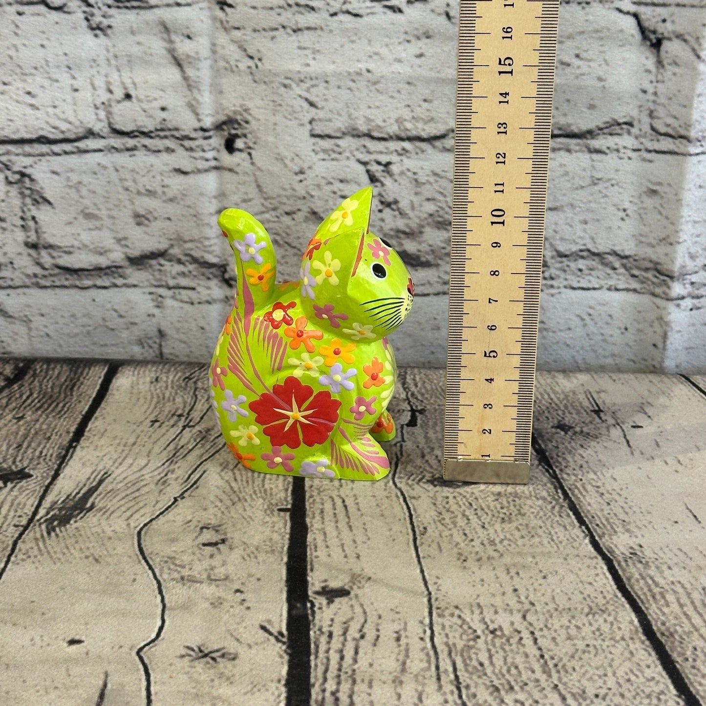 Green Small Wooden Cat With Flower Pattern 12cm x 6cm Handmade and Fairtrade