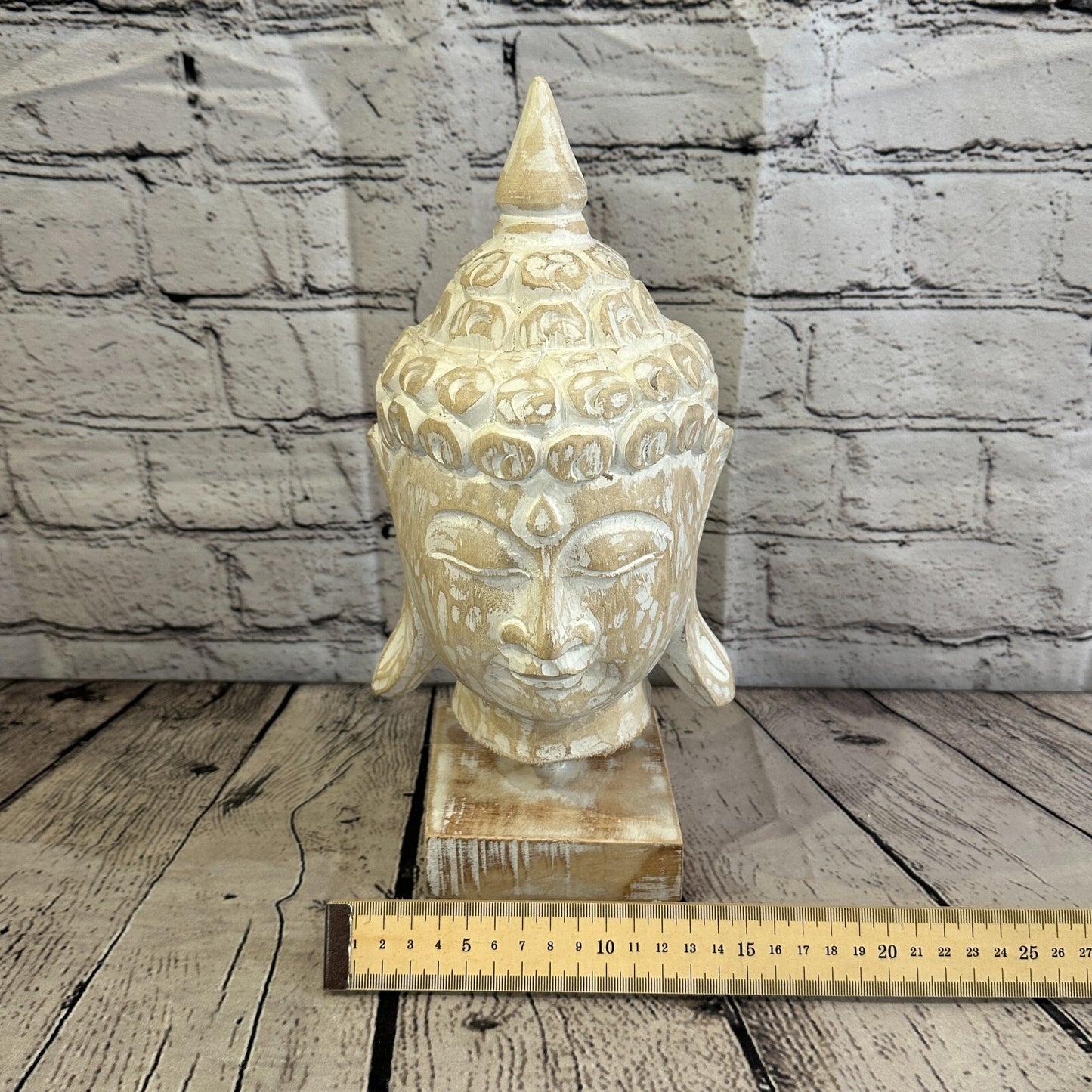 30cm White Buddha Head Wooden Standing Statue Figurine Ornament Fair Trade