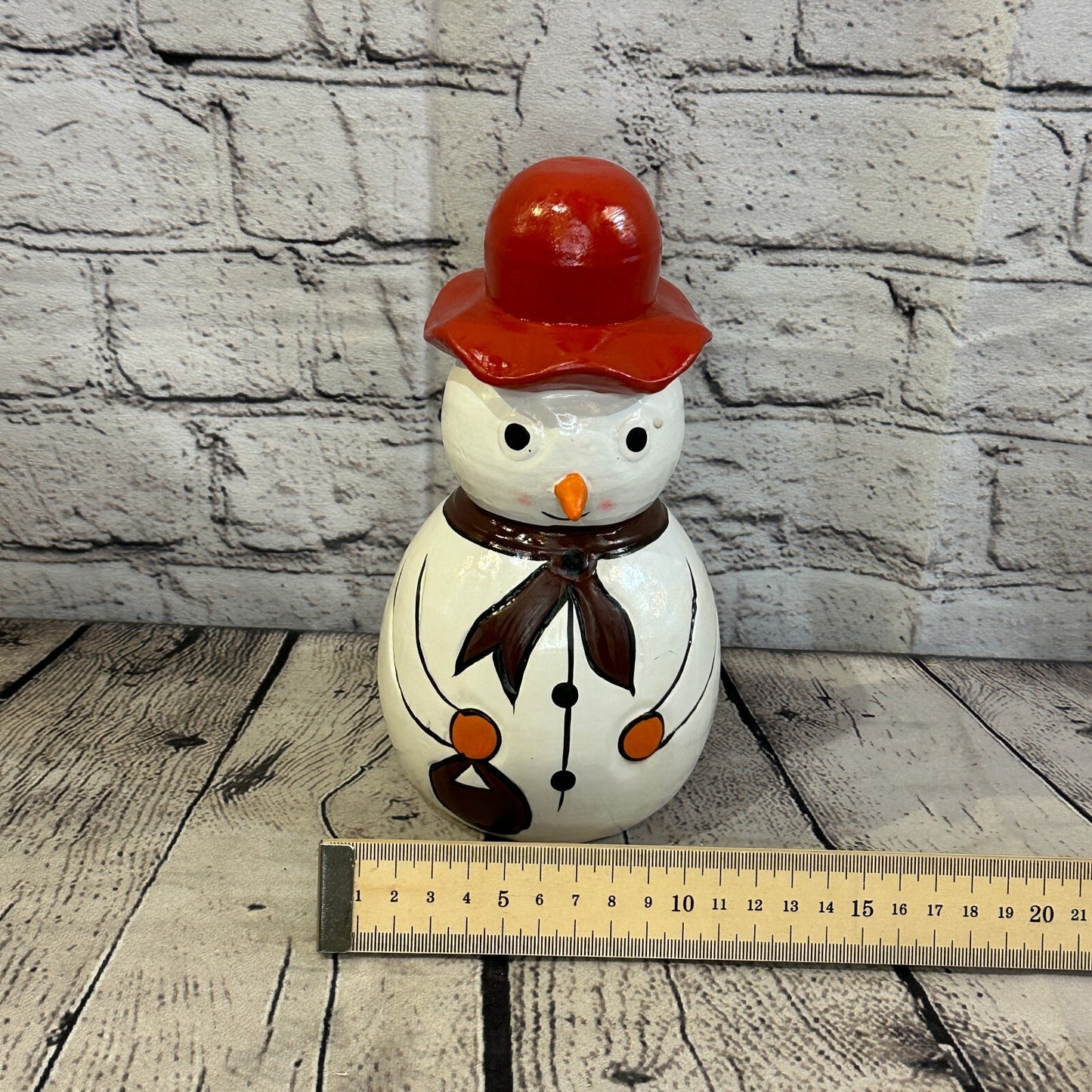 20cm x 10cm Red Top Hat Snowman Handcrafted Wood Xmas Christmas Ornament